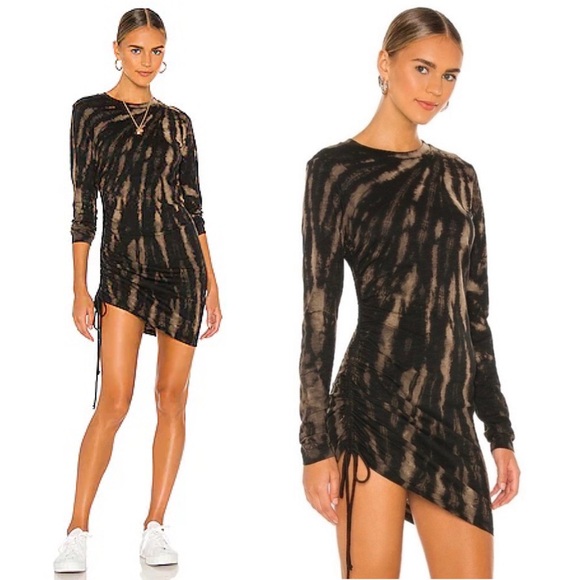 Pam & Gela Revolve Tie Dye Twisted Mini Dress Black Grey Cinch Long Sleeve P XS - Picture 2 of 15